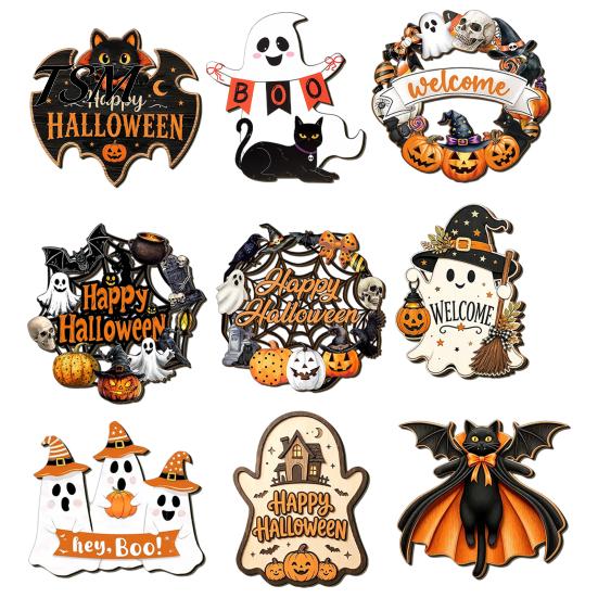 Halloween Door Sign Black Cat Ghost Sign, Decorative Plaque, Wooden Hanging Entrance Ornaments Vintage Rustic Decor with Jute Rope, Seasonal Wall Art