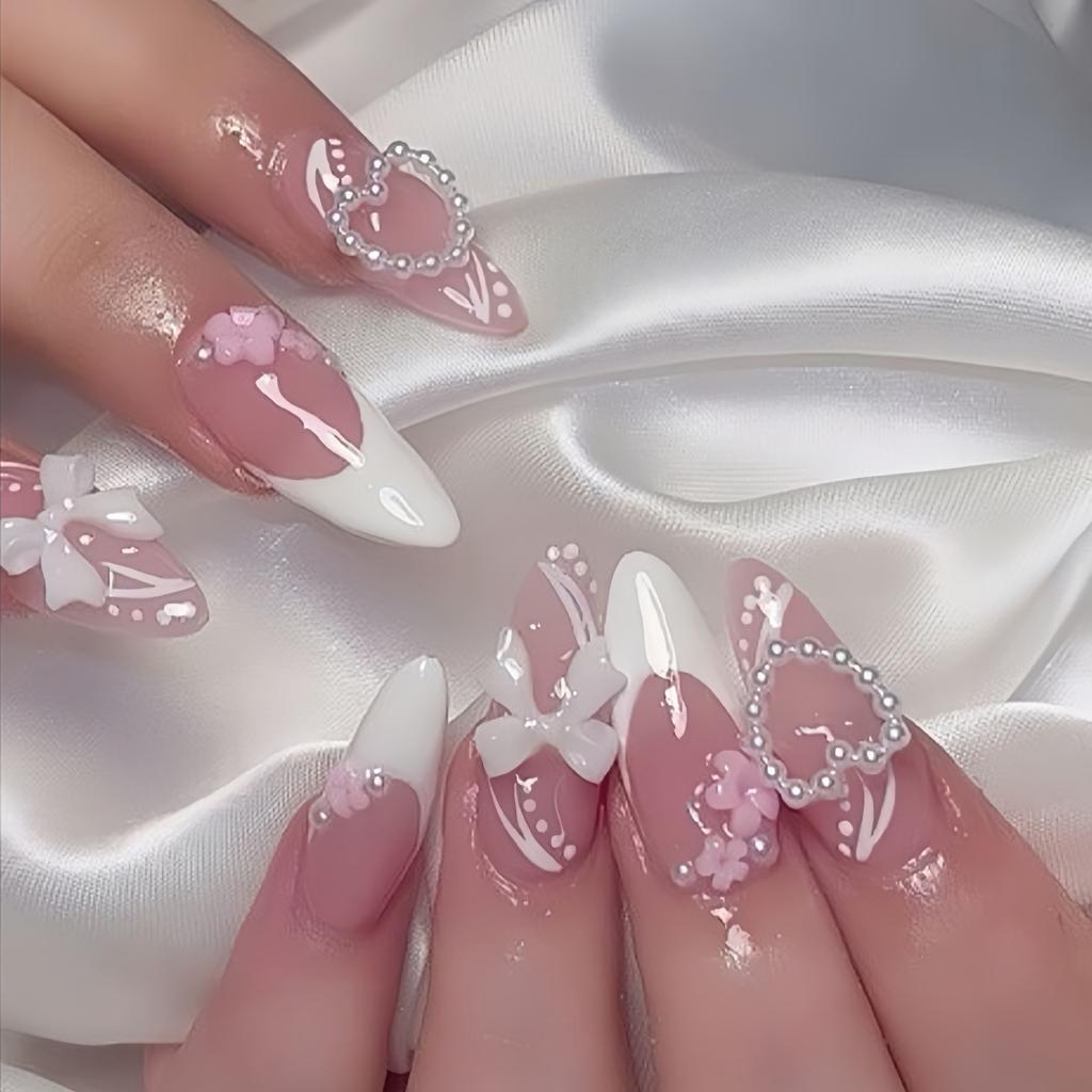 24PCS Simple Black Polka Dots French Press On Nails Full Cover 3D Bowknot Pearl Almond Fake Nails for Women Ins Nail Fashionable