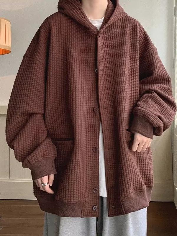 Men's Oversized Retro Waffle Knit Hooded Sweatshirt - Heavy-Weight Casual Jacket for Spring & Autumn by Trendy Brand