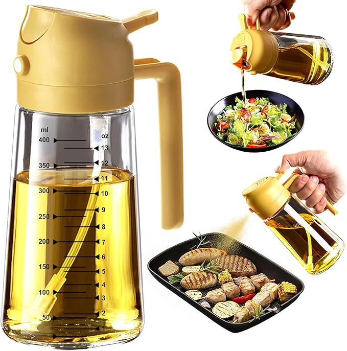 

16oz/470ml Glass Olive Oil Sprayer for Cooking - 2 in 1 Olive Oil Dispenser for Kitchen Gadgets, Air Fryer, Salad, and BBQ жовтий