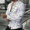 Men Collared Shirt Black Red Rose White Butterfly Swirl Print Long Sleeve Button Down Top