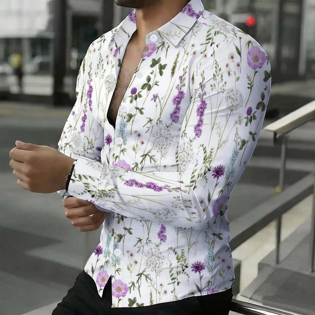Men Collared Shirt Black Red Rose White Butterfly Swirl Print Long Sleeve Button Down Top