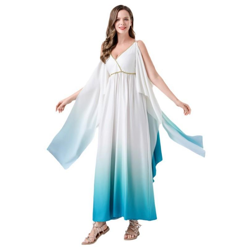Elegant Egyptian Greek Goddess Costume Dress Women Halloween Party Cosplay Outfit White Blue