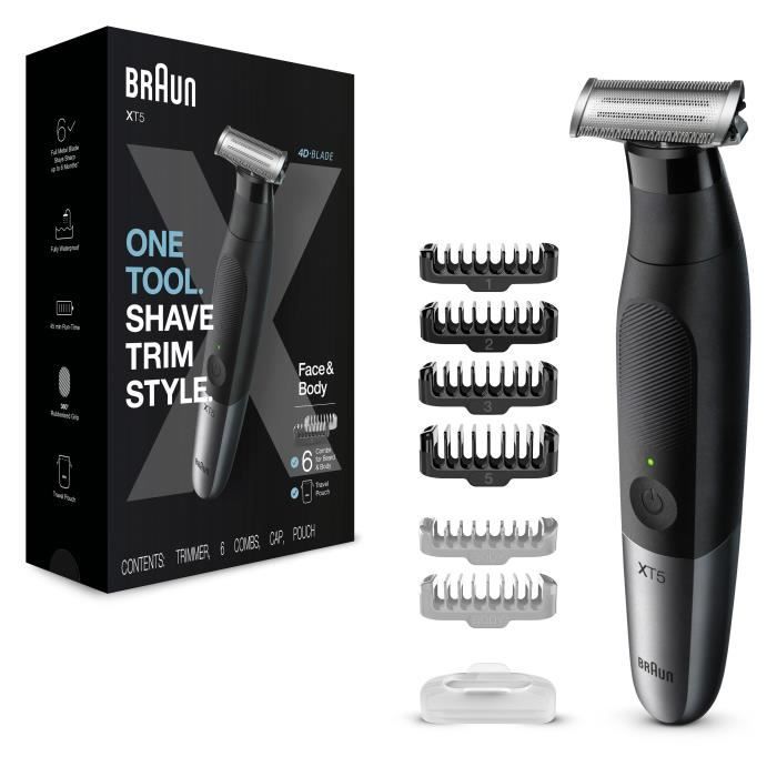 Braun Series XT5 Rasoir Électrique et Tondeuse Hybride Homme, pour visage+corps, Lame Durable et Pochette De Voyage Noir, XT5200