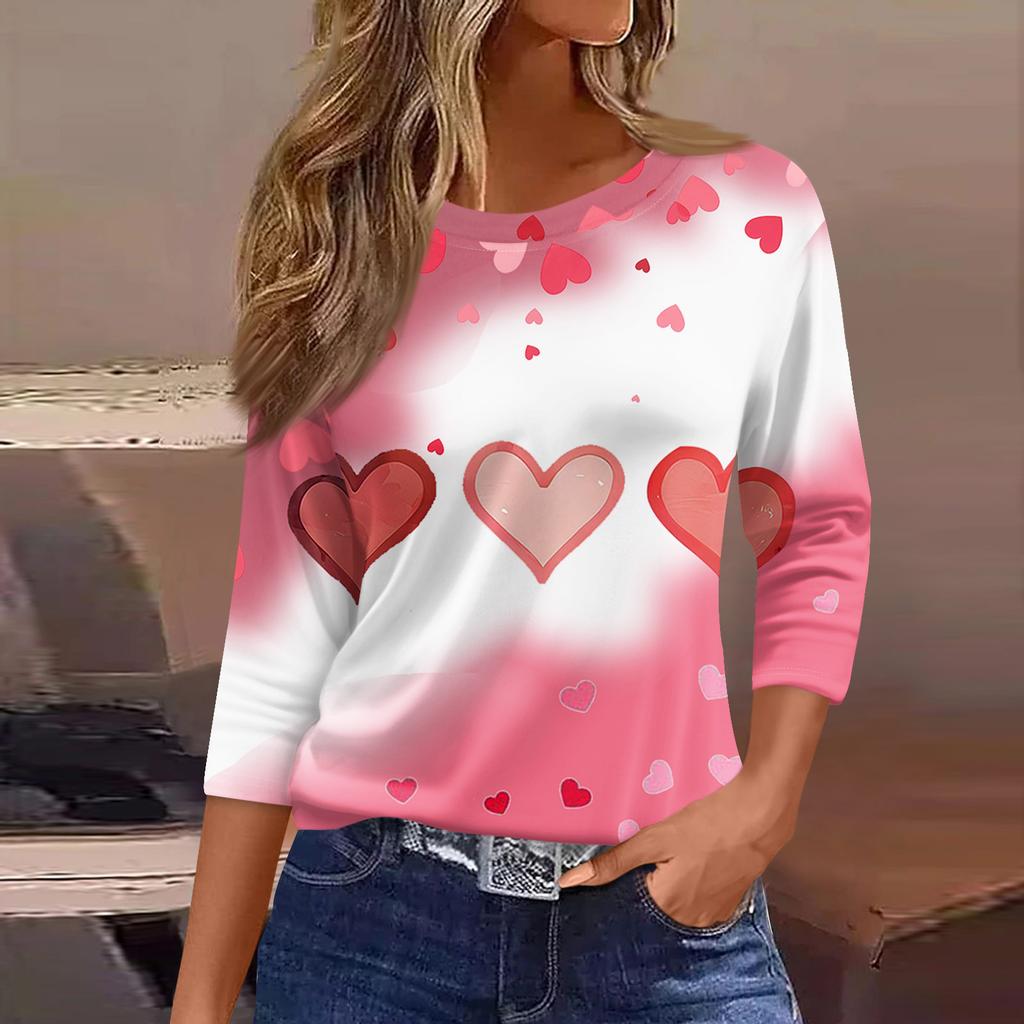 Women's Fashion Casual Round Neck 3/4 Sleeve Loose  Printed T-Shirt Ladies Top