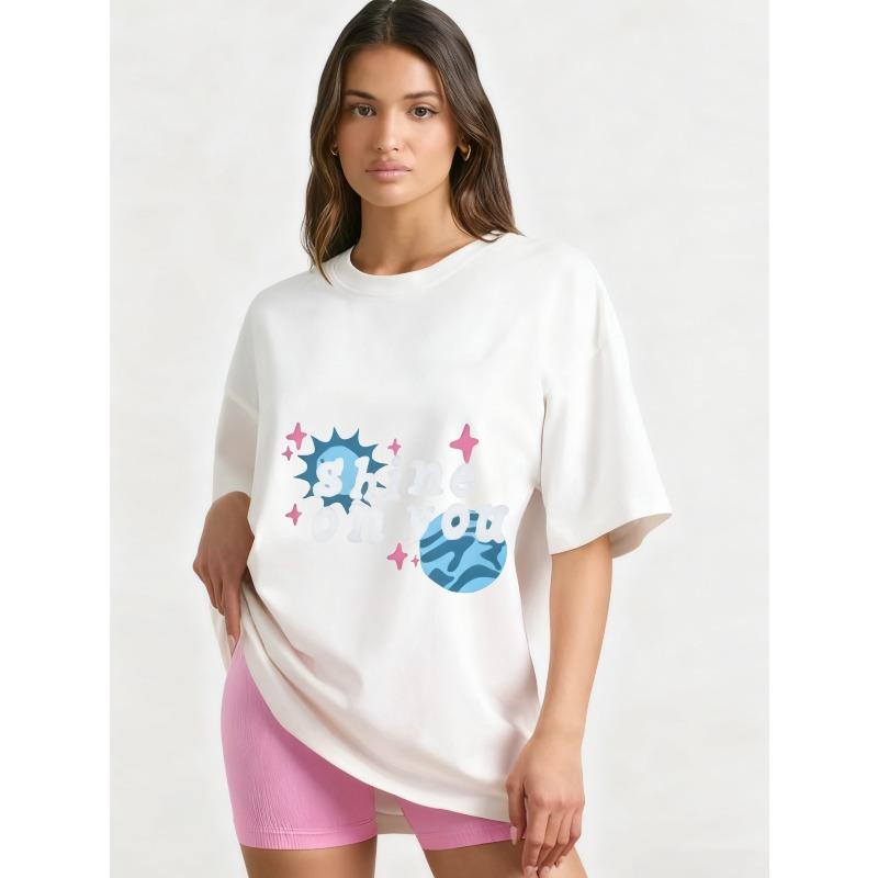 Oversized T Shirt Black Shine On You Graphic Print With Stars And Planets Casual Wear For Women