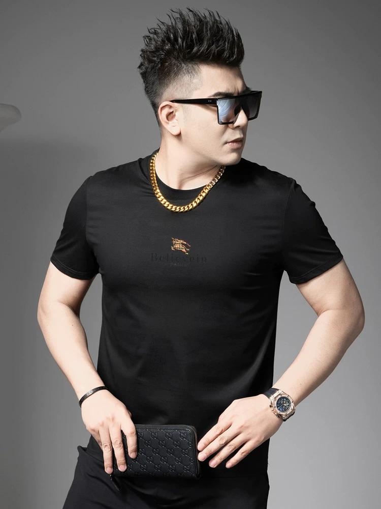 Ozhouzhan Trendy Letters Print Short Sleeve T-shirt Men's Casual Top Summer Round Neck T-shirt Half Sleeve Bottoming Shirt