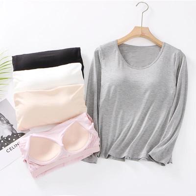 Women's Long Sleeve Round Neck T-Shirt with Built-in Wireless Cups – Slimming Yoga Base Layer