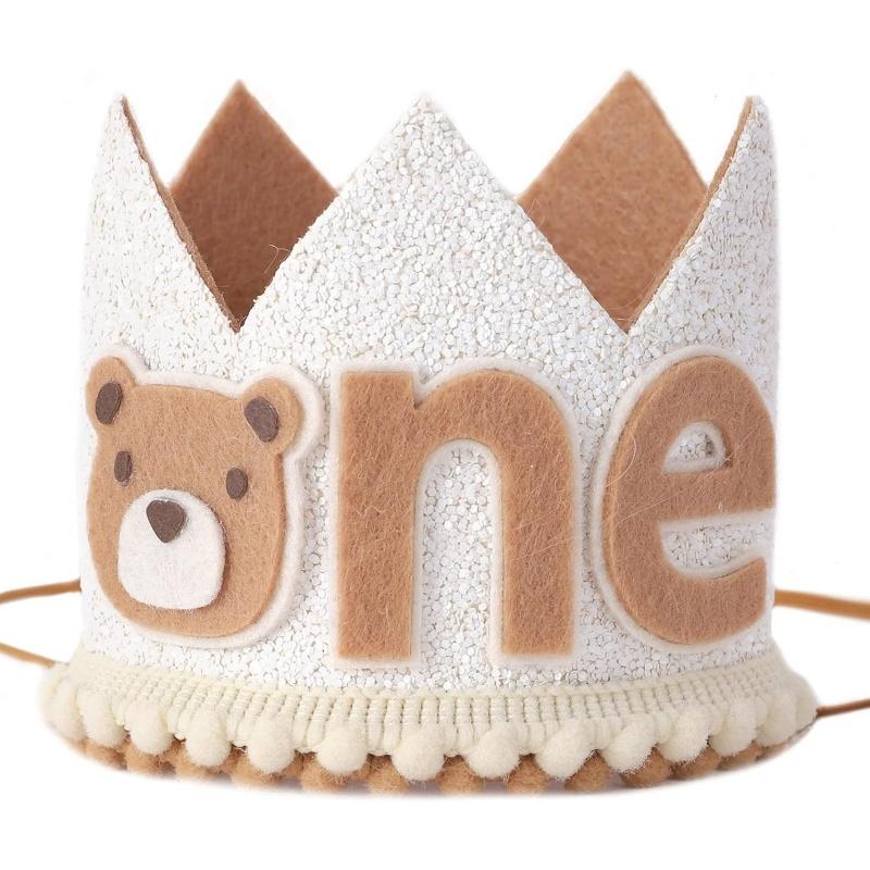 First Kids Birthday Party Glitter Brown Bear Hat ONE Burlap Lion Birthday Crown Baby Shower Photoprops Party Decorations