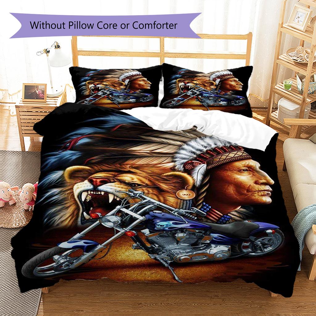 Indian Chiel Motor Pattern Bedding Quilt Set Quilt Cover Pillowcase Home Decoration Gift (1 * Duvet Cover + 2 * Pillowcase, Without Core)