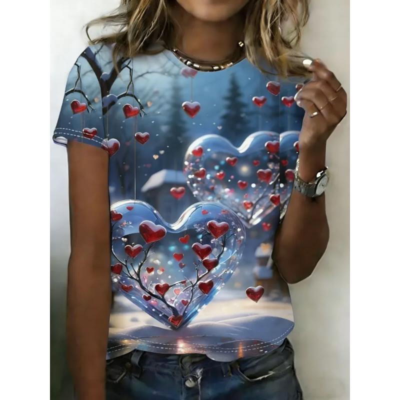 Crew Neck T-shirt Love Short Sleeve Fashion Women's Clothing 3D Love Print Love T-shirt
