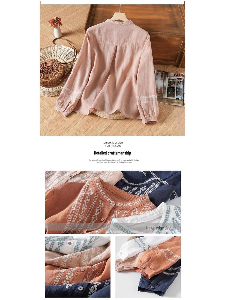 2026 Spring/Autumn Women's Retro Embroidered Cotton Linen Long-Sleeve Shirt