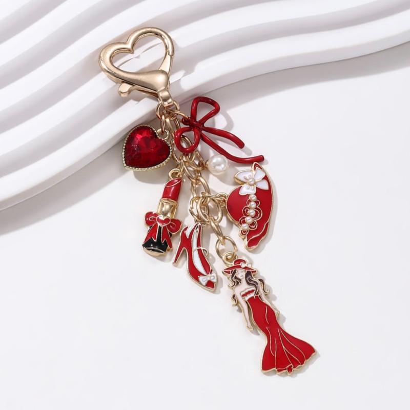 Elegant Woman Hat Bow High Heels Enamel Keychain Heart Lipstick Key Ring For Girls Good Gift Decoration Handmade Jewelry