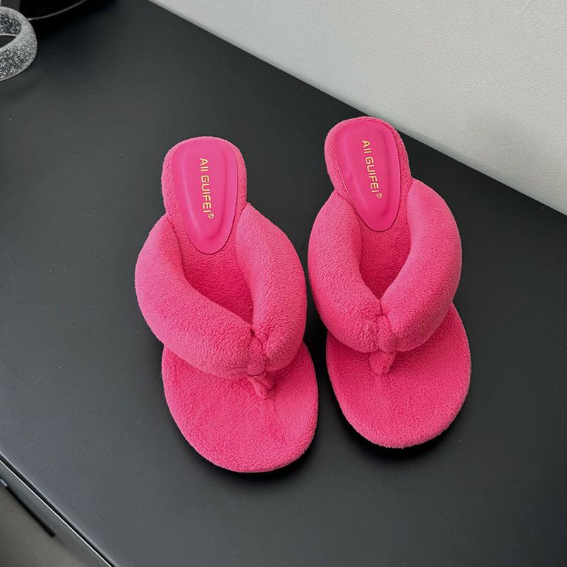 Fashion Red Fashion Round Toe Ladies Wedges Slippers Shoes Footwear Flock Women Wedges Slippers Shoes Female Sandals Slides Flip flops