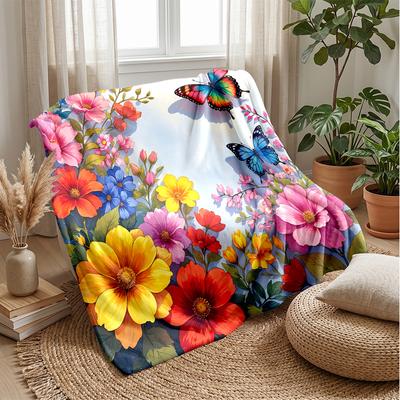 Vibrant Flowers and Butterflies Theme Blanket Lightweight Warm Flannel Blanket Decorative Throw Blanket for Home Decoration