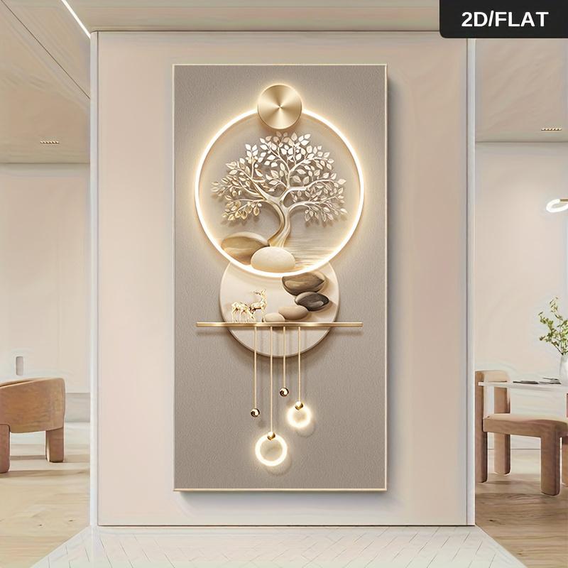 1 Piece of Modern Minimalist, Light Luxury Style Frameless Canvas Decoration Hanging Painting with LED Light, Wealth Tree, Elk P