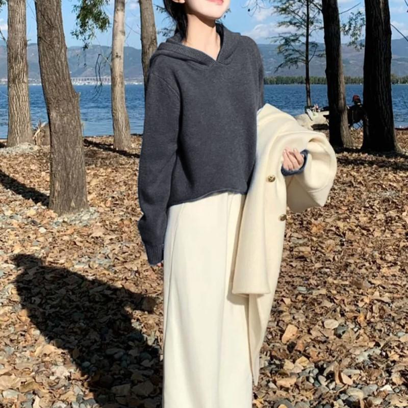 Solid Color Pullover Sweater Autumn and Winter Hooded Sweater Pullover Jacket for Women