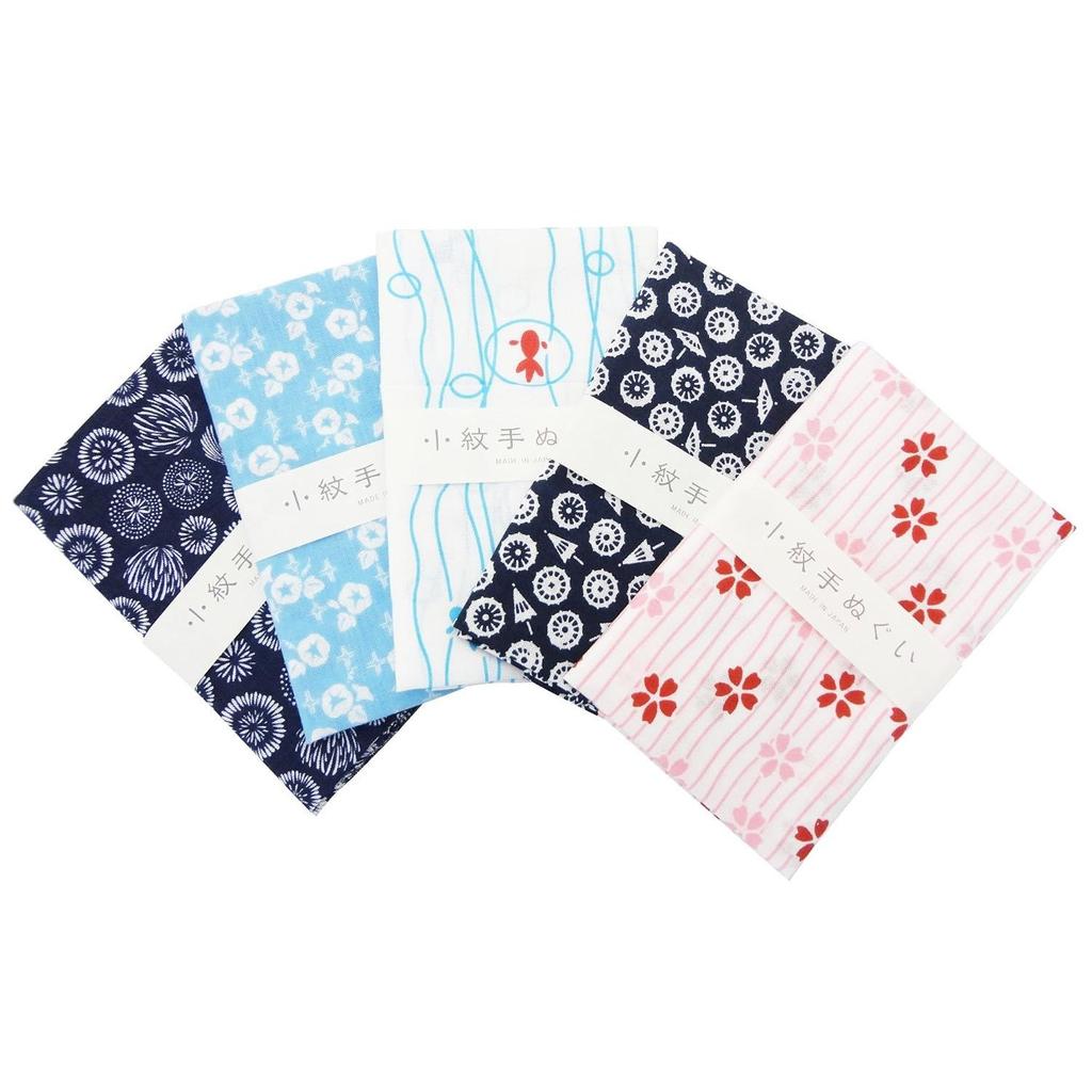 KOMESICHI Miyamoto-Towel Japan-made Komon Tenugui Japanese Pattern Izumikobai Basic 5-piece Set Asagao Goldfish Sakura Cotton NO3 Gift Approximately