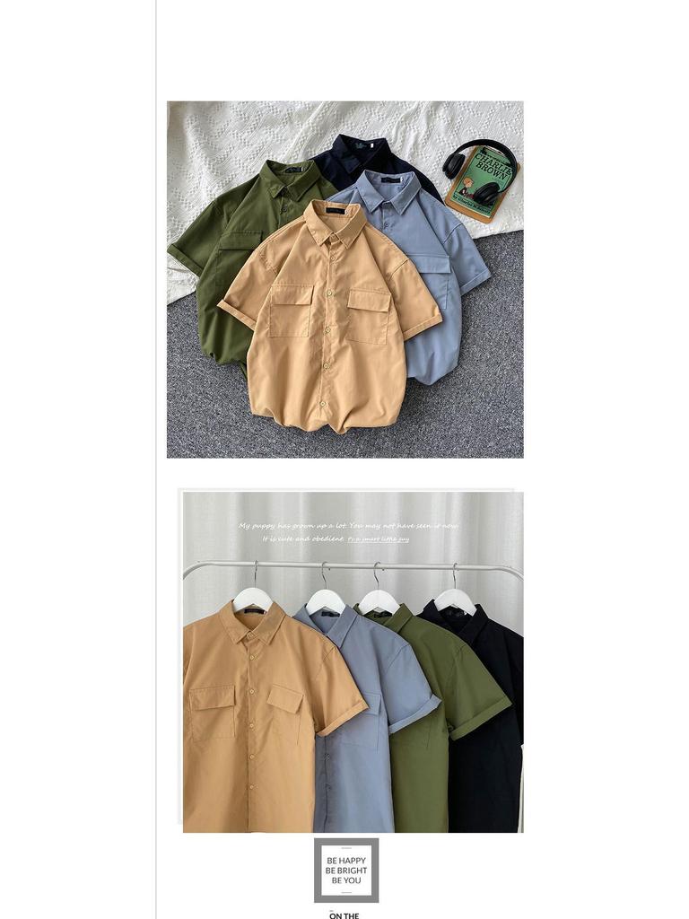 Herren-Freizeithemd im Hongkong-Stil mit kurzen Ärmeln und Doppeltaschen – trendige, lockere Passform für Sommerstudenten