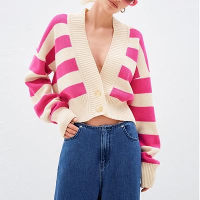 Autumn V-neck Soft Striped Cardigan Sweater Women Fashion Casual Button Knitted Sweater Chic Loose Coat Loose Tops Clothes 28215