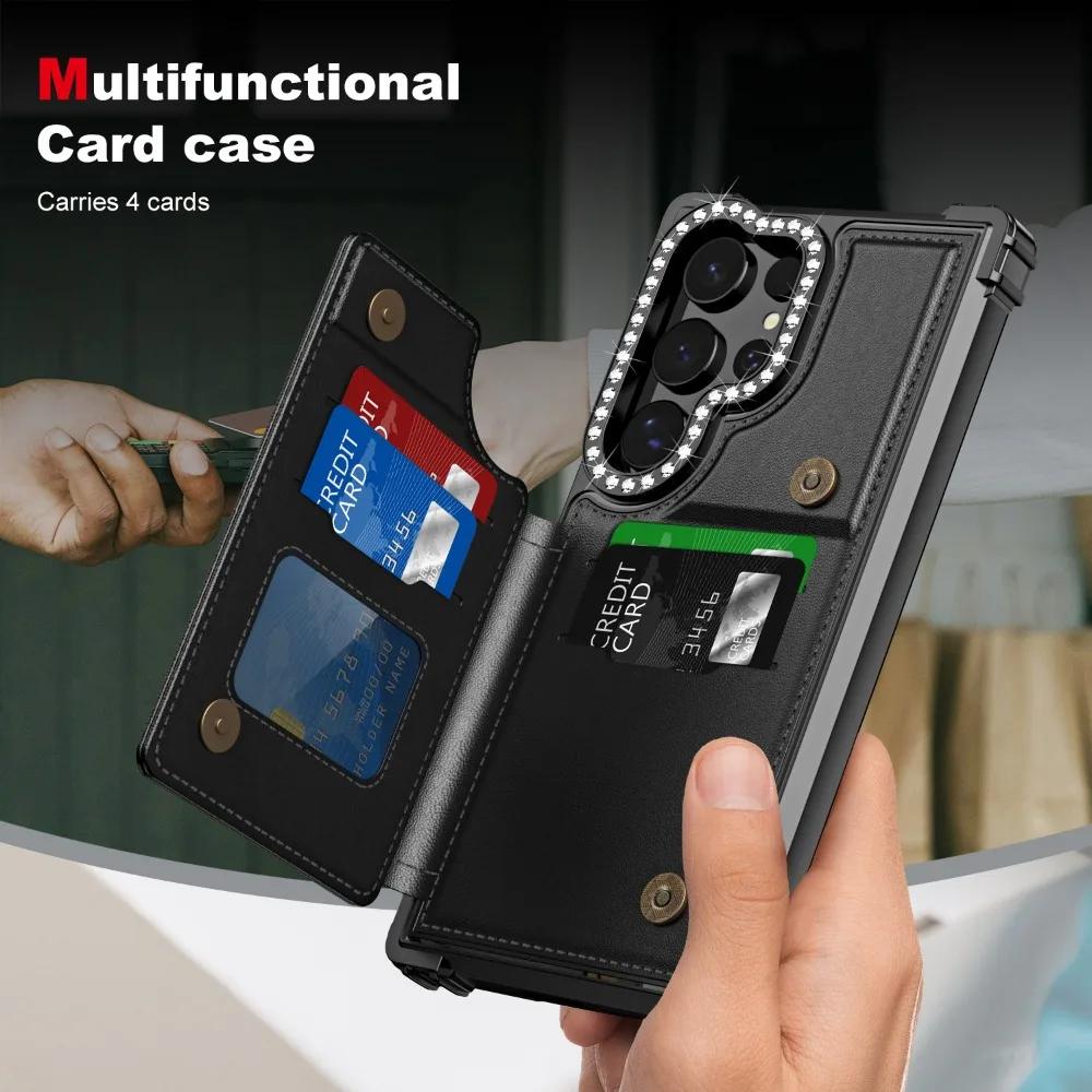 Luxury Glitter Bling Card Slot Holder Wallet Flip Phone Case for Samsung Galaxy S24 Ultra Plus Purse Kickstand PU Leather Cover