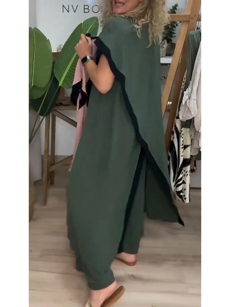 2025 Plus Size Color Block Patchwork Loose Long Dress Set