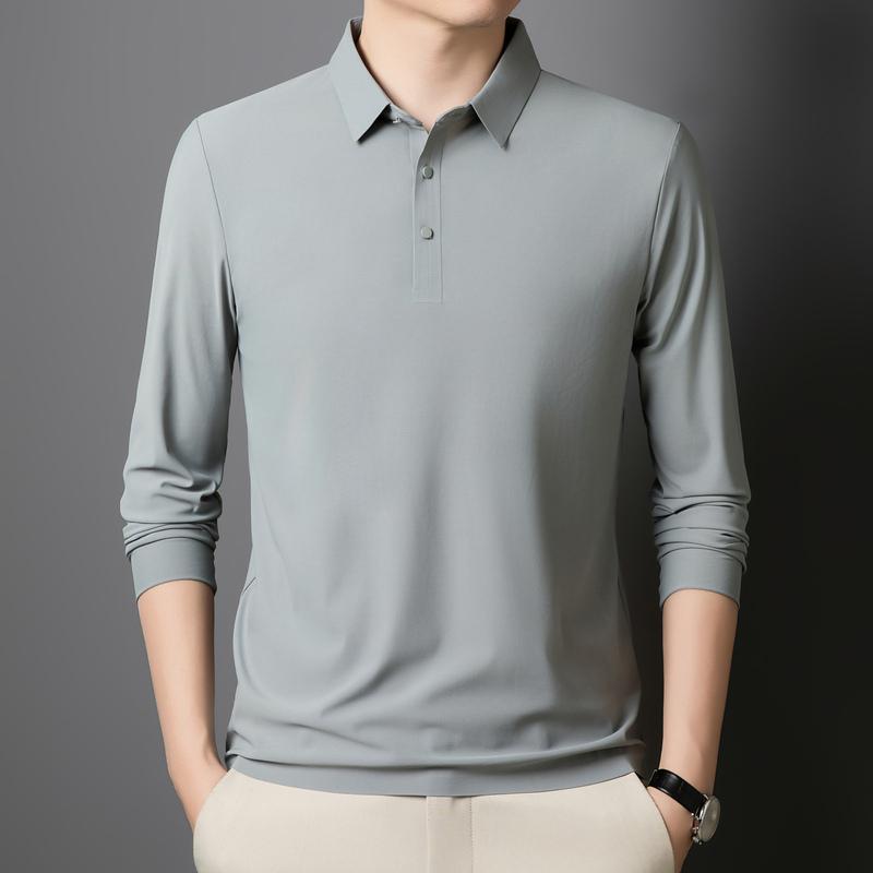Autumn Ice Silk Markless Long-sleeved T-shirt Men's POLO Shirt New Solid Color Lapel Top