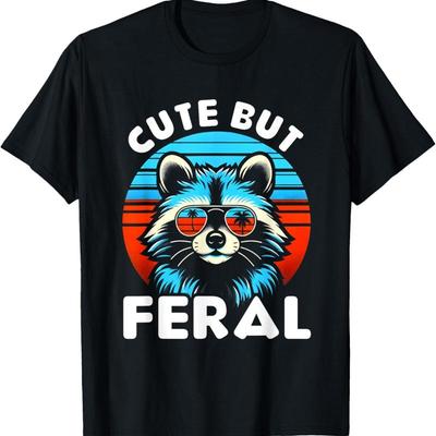 New Cute But Feral Funny Colorful Racoon With Sunglasses T Shirt Made In Usa