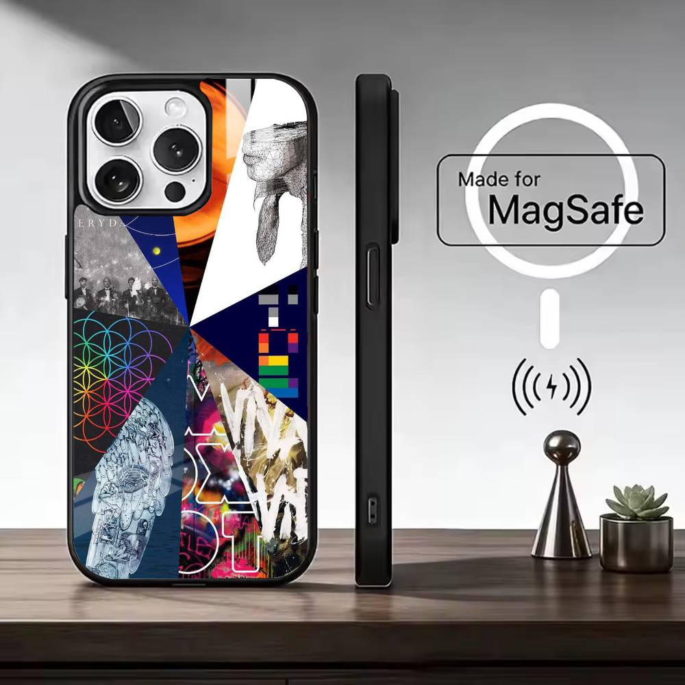 Coque de téléphone cool pour iPhone 17, 16, 15, 14, 13, 12, 11 Plus, Pro, Magnétique pour charge sans fil Magsafe, avec le groupe C-Coldplay