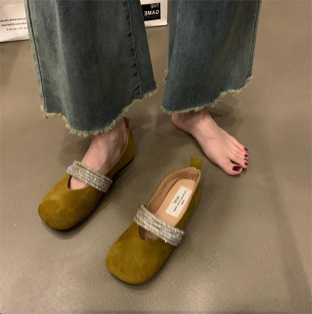 French gentle and versatile flat Mary Jane shoes 2025 new spring and autumn rhinestones with ballet style square head shallow mouth single shoes