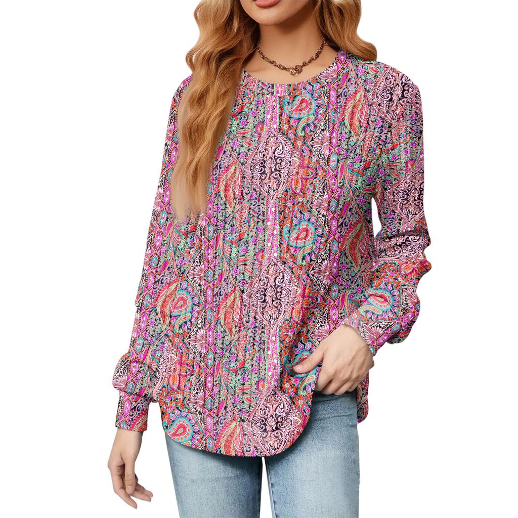 Fashionable Women's Long Sleeved Retro Printed Lightweight Sweater With Loose Round Neck Top