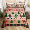 Merry Christmas Duvet Cover Set,Red Buffalo Checked Rustic Truck Comforter Cover,Plaid Xmas Tree Elk Deer Snowflake Bedding Sets