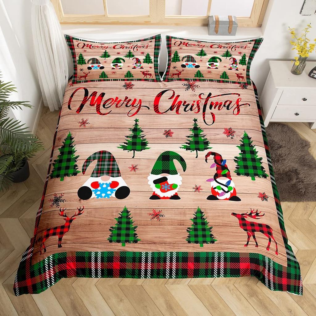 Merry Christmas Duvet Cover Set,Red Buffalo Checked Rustic Truck Comforter Cover,Plaid Xmas Tree Elk Deer Snowflake Bedding Sets