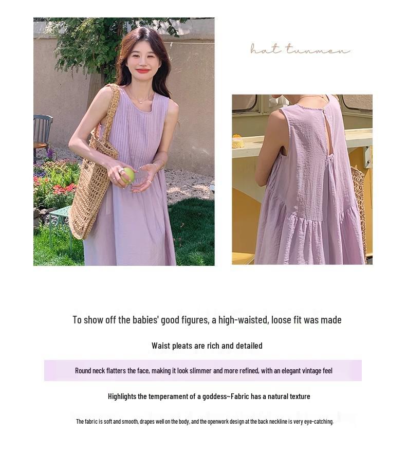 Damen Sommer 2025 Koreanischer Stil Lila Ärmellos Hohe Taille Urlaubs-Kleid