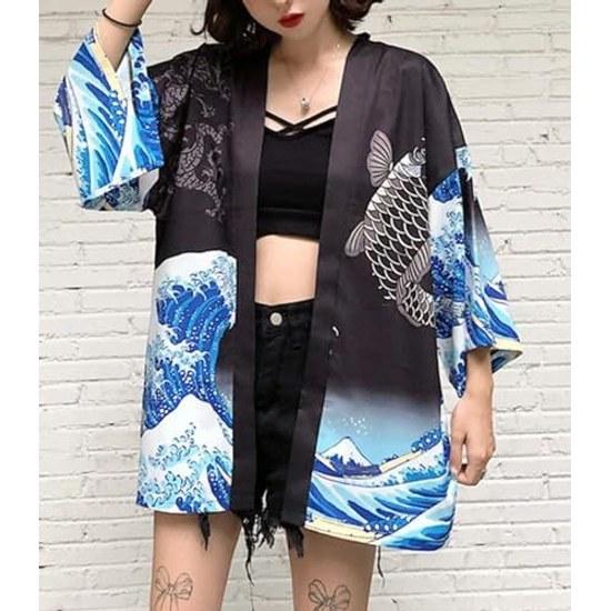 TOUFEIYUAN Japanese-style Happi Kimono Hanten Half Coat Festival Costume Sun Protection Long Sleeve Fox Sakura Grand Ceremony Mikoshi Event Mens Shawl