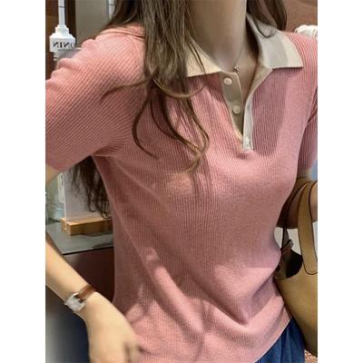 Women's Contrast Collar Ribbed Knit Short Sleeve Polo Crop Top