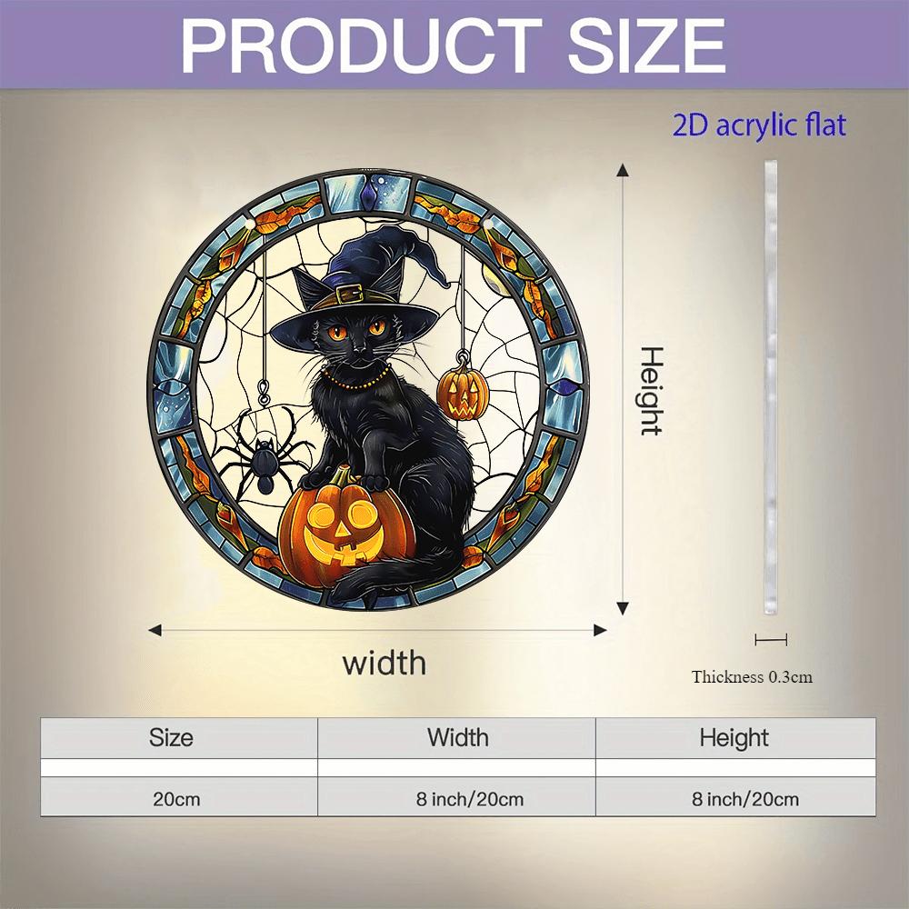 2D Flat Halloween Black Cat Acrylic Dream Catcher Pendant - Stained Glass Style Decorative Plate with Pumpkin and Spider Elements