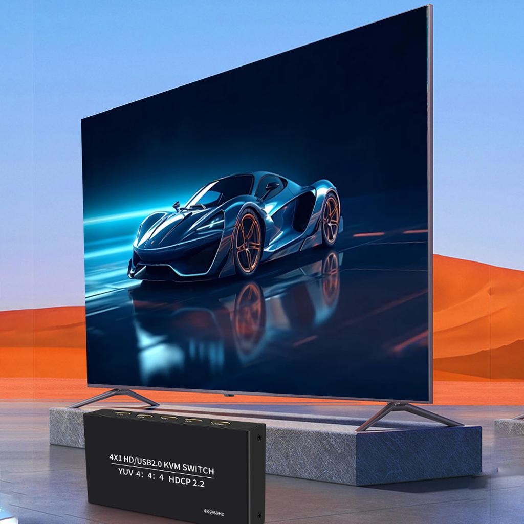 4x1 HD USB2.0 KVM 4K 60Hz Multimedia for Sharing Display Keyboard Mouse Print 4 USB Type C Ports and 4 Cables