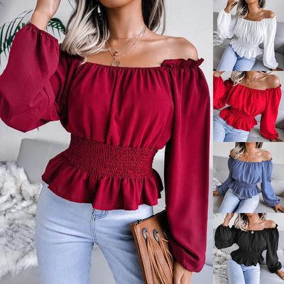 Women Off Shoulder Long Sleeve Smocked Waist Ruffle Hem Blouse