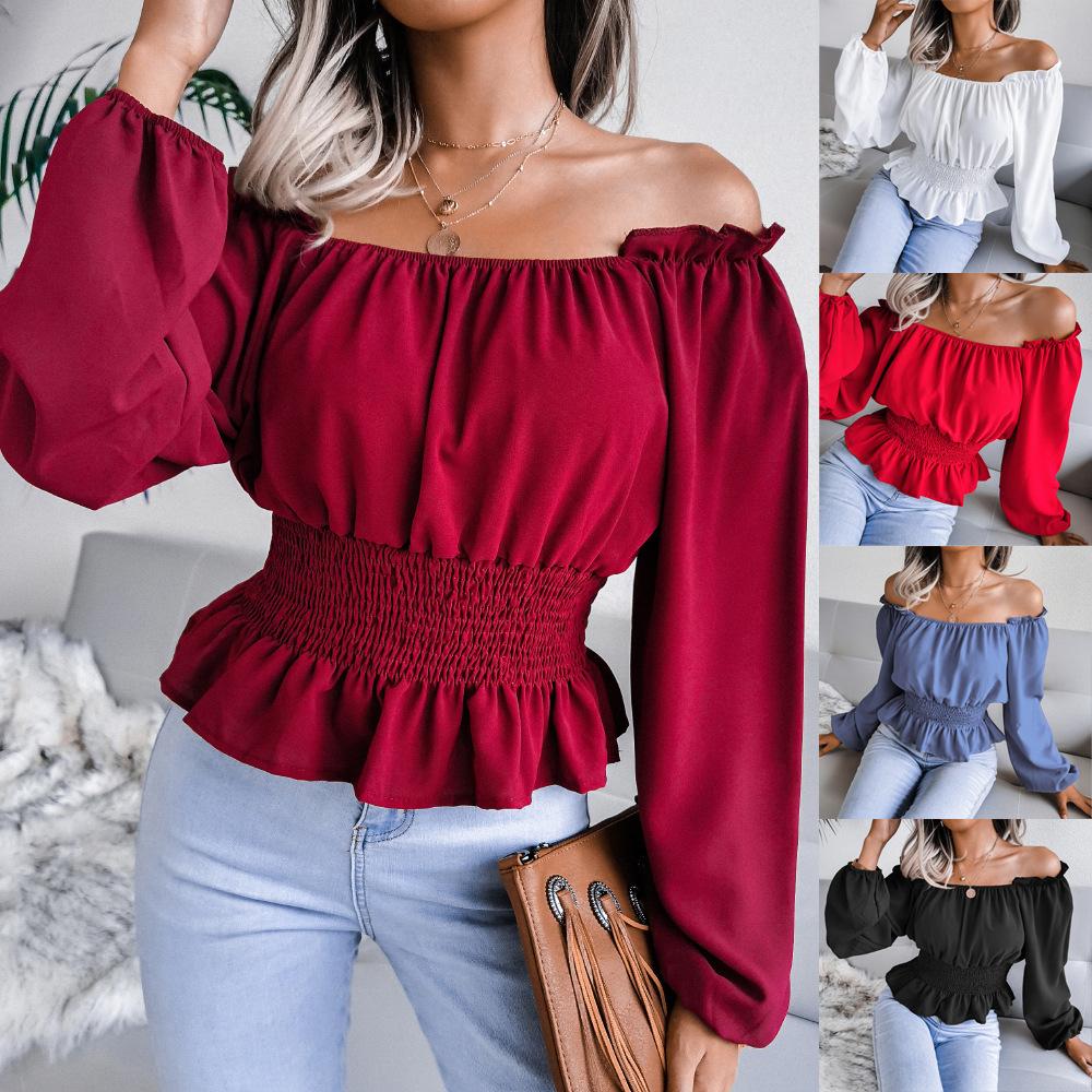 Women Off Shoulder Long Sleeve Smocked Waist Ruffle Hem Blouse