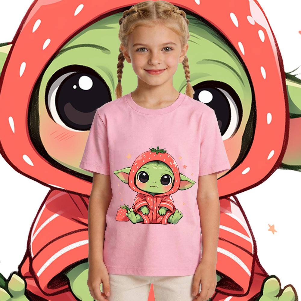 Star Wars Baby Yoda Strawberry Print Girls Cotton T Shirt Casual Summer Top Kids Toddler Clothing Cute