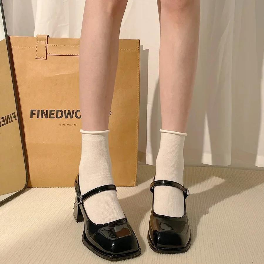 Fashion Black High Heels for Women 2025 Spring and Autumn Square Toe Thick Heel Mary Jane Shoes Fashion Medium Heels Office Ladies Shoes