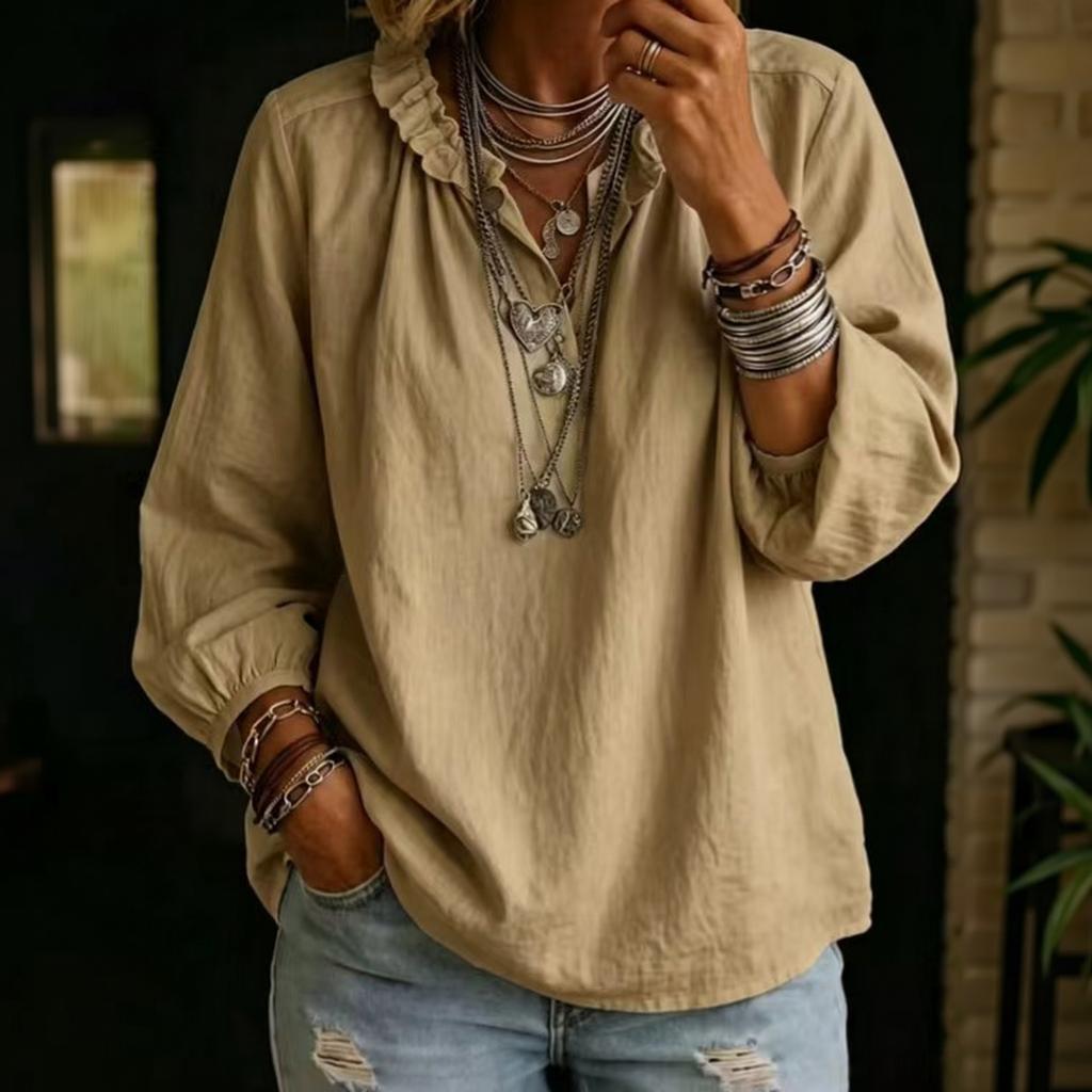Women's Long Sleeve V Neck Pullover Blouse Loose Fit Casual Top
