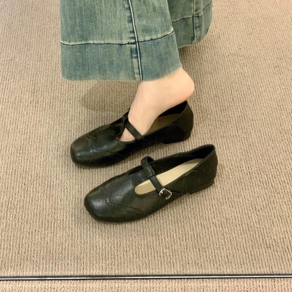 THEDOUDOU Korean Version Retro Black Small Leather Shoes Women's 2025 Autumn Flat Bottom Shallow Mouth Single Shoes Flat Bottom Mary Jane
