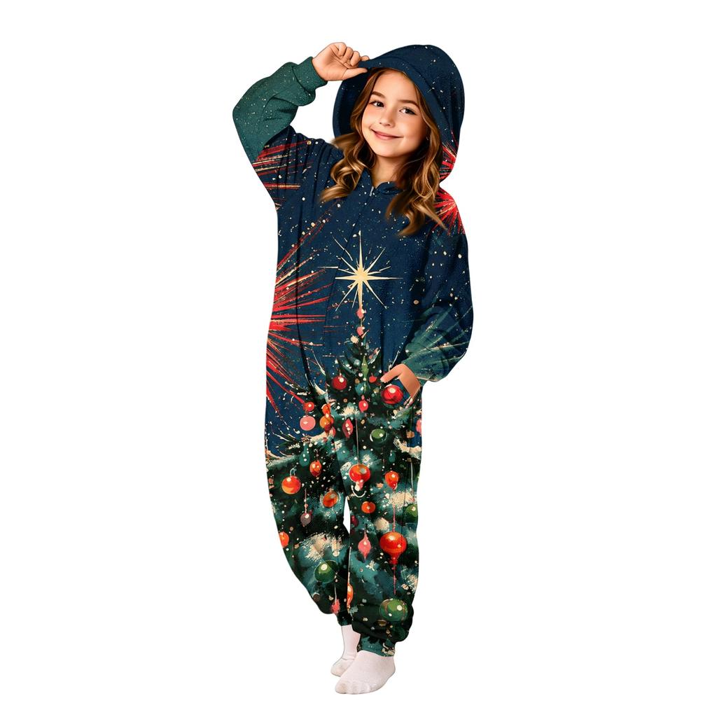 Children's Christmas Flannel Printed One-Piece Pajama Romper for Holiday Loungewear