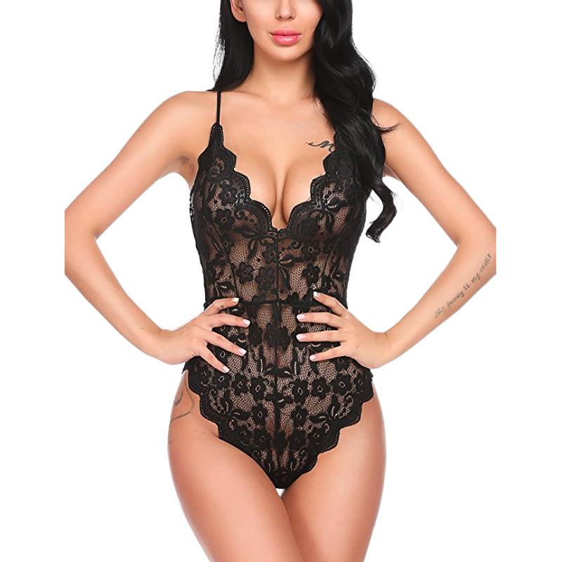 Plus Size Transparent Lace Sexy Crotchless Lingerie Women Bodysuit Erotic Pajamas Deep V Open Bra Underwear Set Exotic Clothing