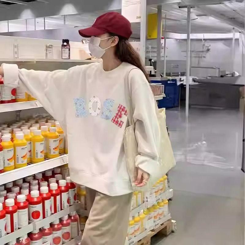 Womens Crew Neck Sweatshirt Fall Winter Thin Fleece Loose Long Sleeve Top