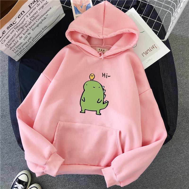 Harajuku Hoodie Kawaii Dinosaur Print 2020 Winter Clothes Women Loose Oversized Sweatshirt Warm Trend Casual Graphic Korean Top