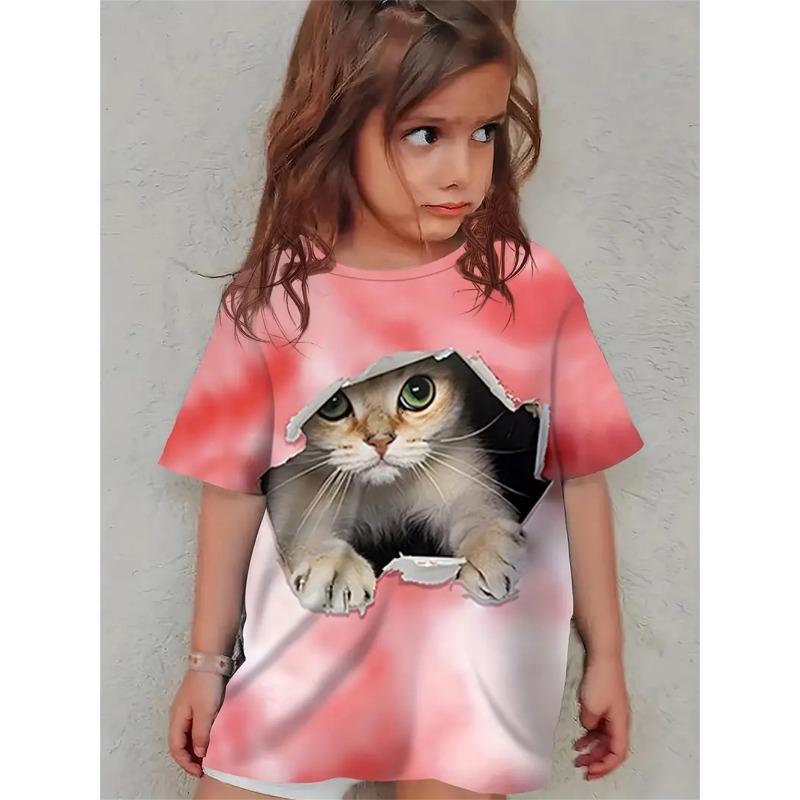 Cute Cat 3d Printed T Shirt Girls T-Shirts 2025 Cartoon Animal Trendy Girl Children Tshirts Casual Baby Clothes Top Tee Summer
