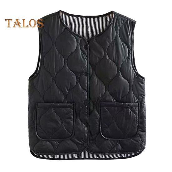 Winter Women Layering Vest Coat with Storage Bag Thin Padded Press Button Closure V Neck Sleeveless Solid Color Windproof Heat Retention Outdoor Down
